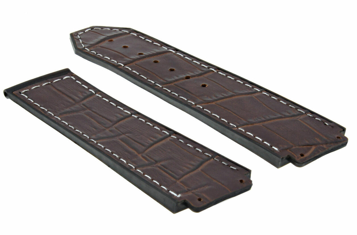 24MM ALLIGATOR LEATHER RUBBER WATCH BAND STRAP FOR 44-45MM HUBLOT H BIG BANG, Brown with White Stitching, view 3