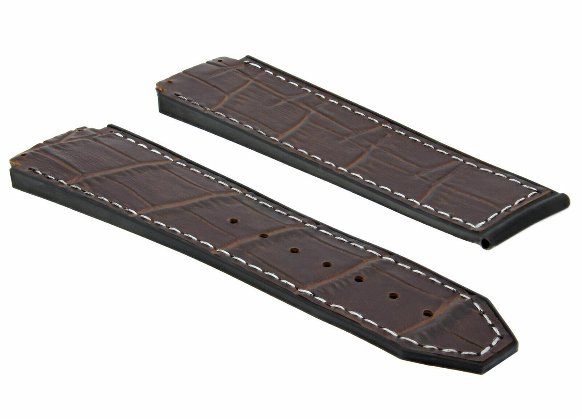 24MM ALLIGATOR LEATHER RUBBER BAND STRAP FOR HUBLOT BANG CLASP 4 SCREW S/DRIVER - Bracelet Band, Brown with White Stitching, view 4