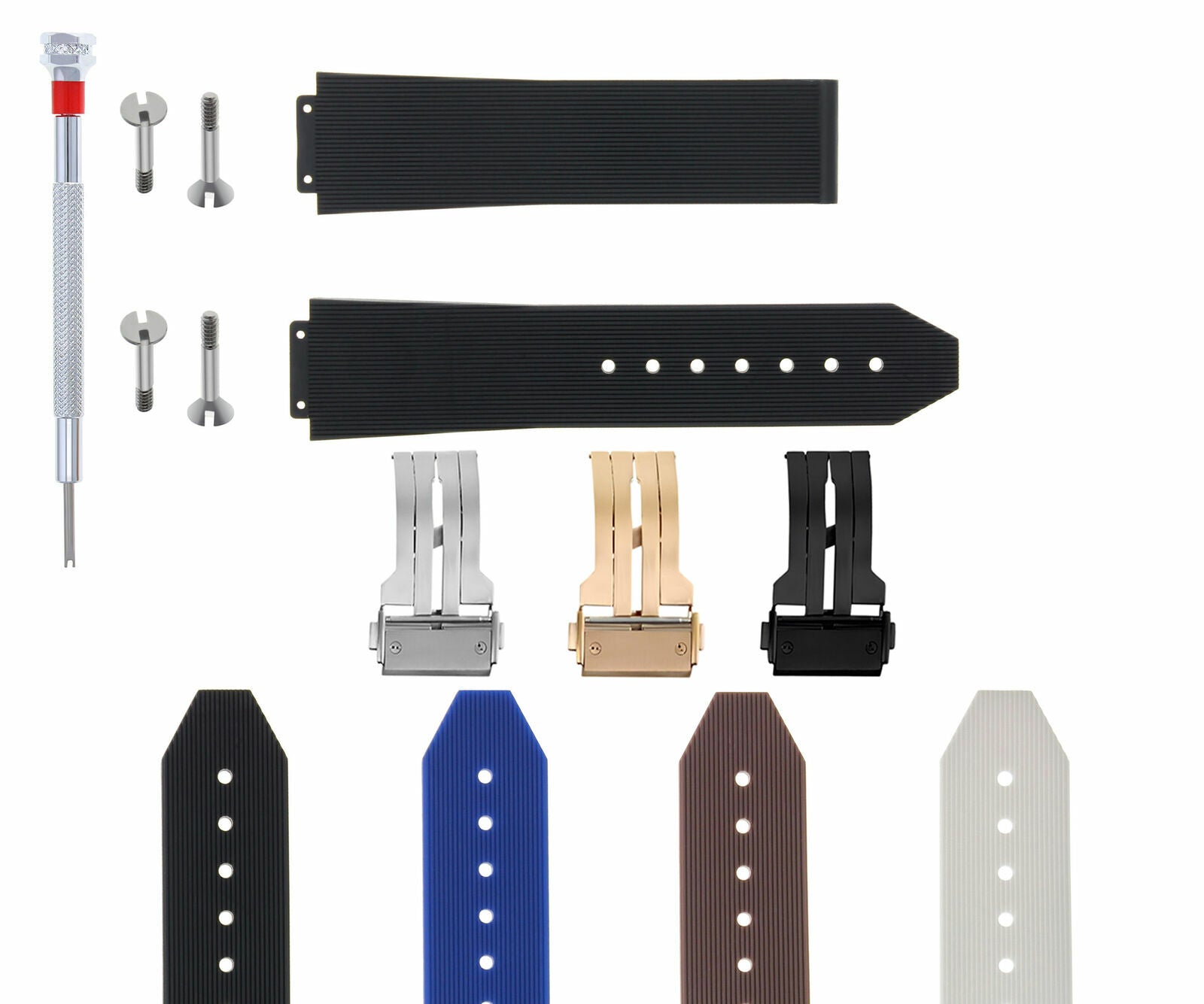 21-24-25MM RUBBER SILICONE WATCH BAND FOR H HUBLOT W/BUCKLE, 4 SCREW SCREWDRIVER