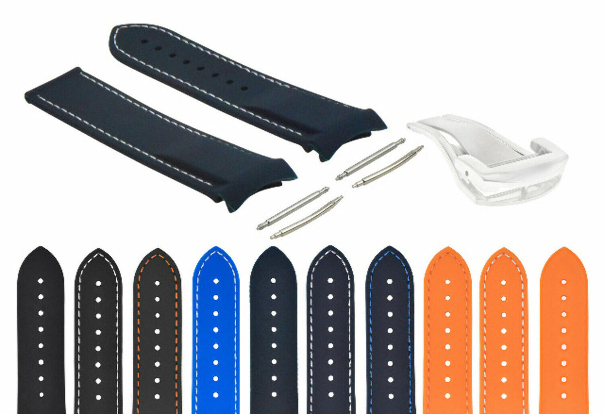20-22MM CURVED END RUBBER DIVER STRAP BAND FOR OMEGA SEAMASTER PLANET CLASP, Blue with White Stitching