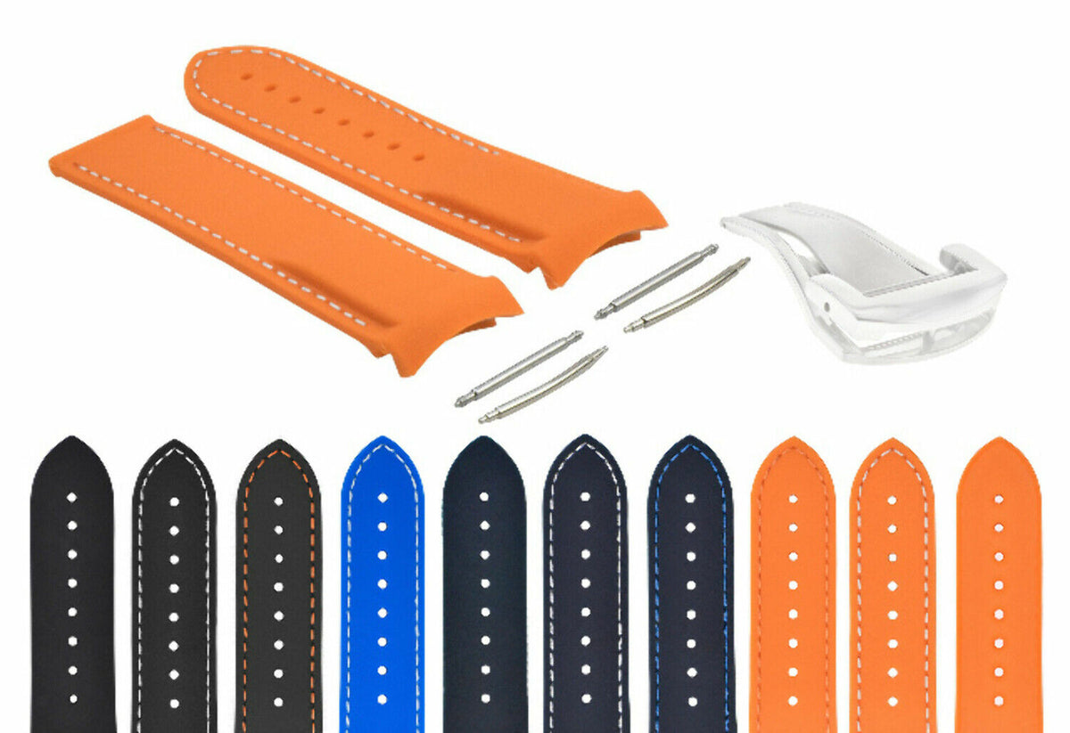 20-22MM CURVED END RUBBER DIVER STRAP BAND FOR OMEGA SEAMASTER PLANET CLASP, Orange with White Stitching