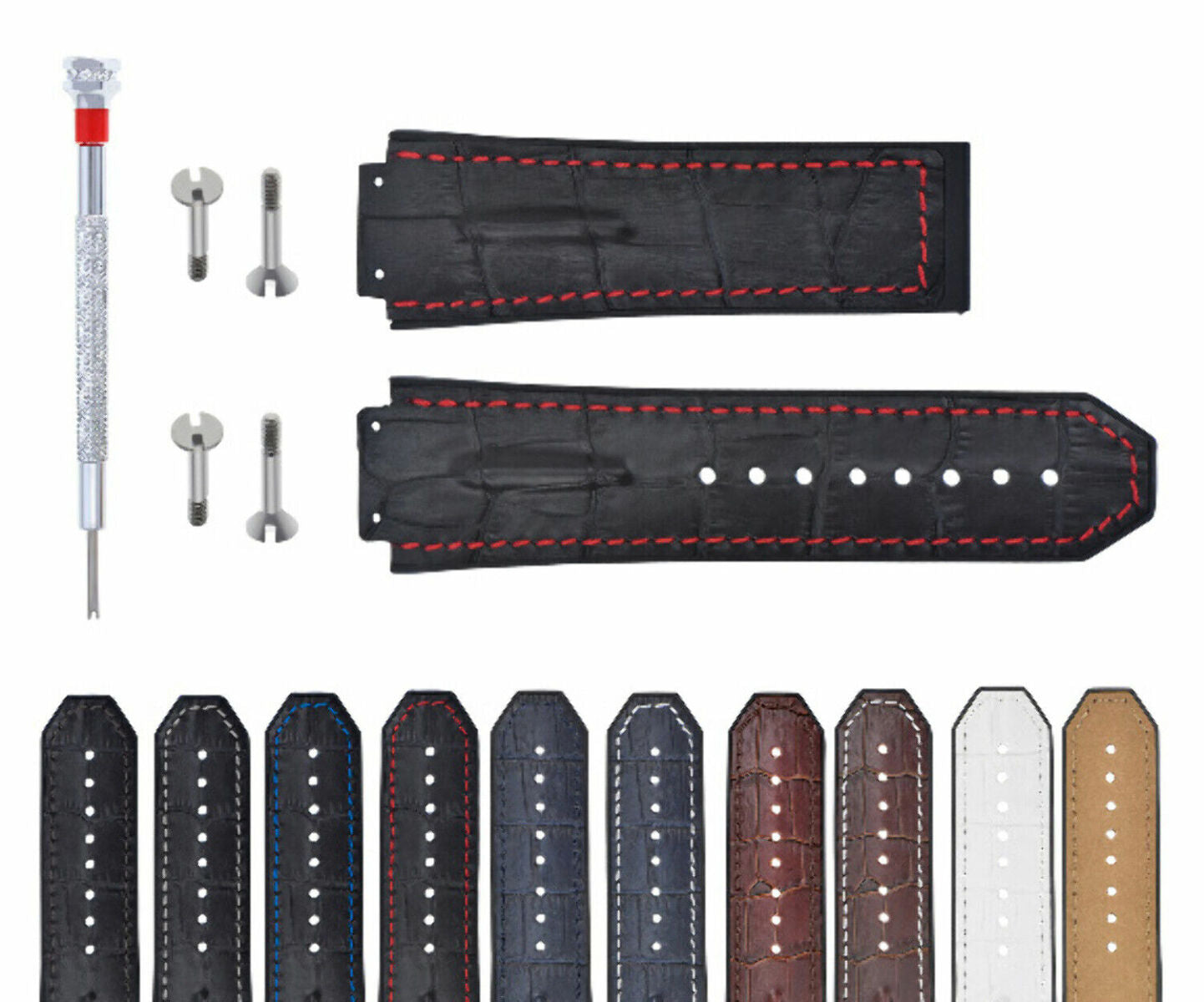 25-28MM LEATHER RUBBER STRAP FOR  HUBLOT BIG BANG + 4 SILVER SCREW + SCREWDRIVER