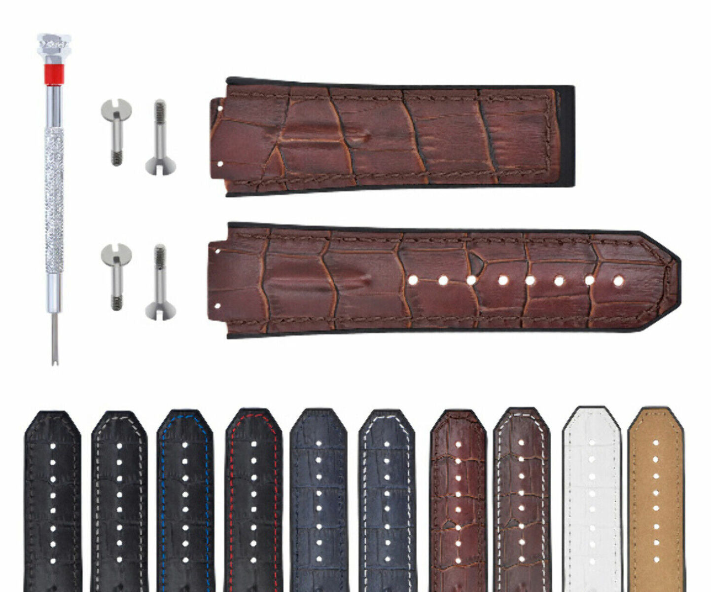 25-28MM LEATHER RUBBER STRAP FOR  HUBLOT BIG BANG + 4 SILVER SCREW + SCREWDRIVER