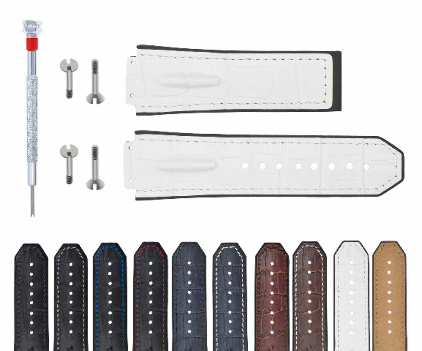 25-28MM LEATHER RUBBER STRAP FOR  HUBLOT BIG BANG + 4 SILVER SCREW + SCREWDRIVER