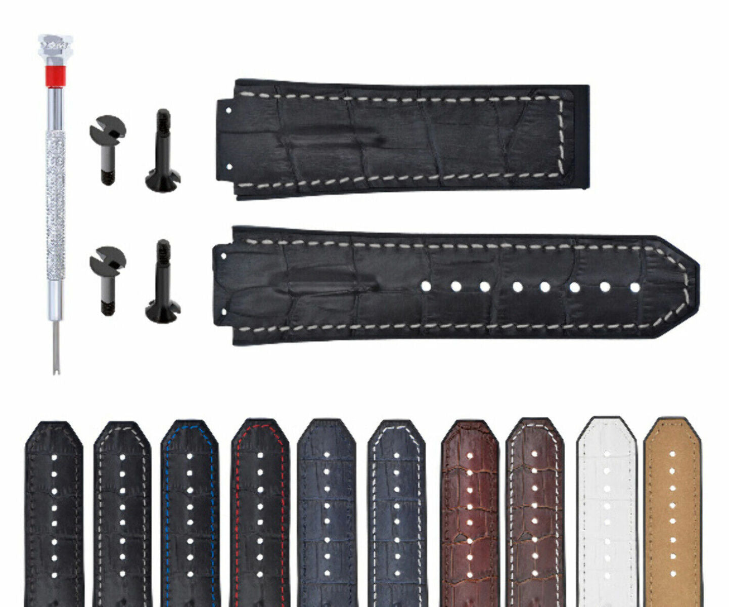 25MM-28MM LEATHER WATCH RUBBER BAND STRAP WITH 4 BLACK SCREWS DRIVER FOR HUBLOT
