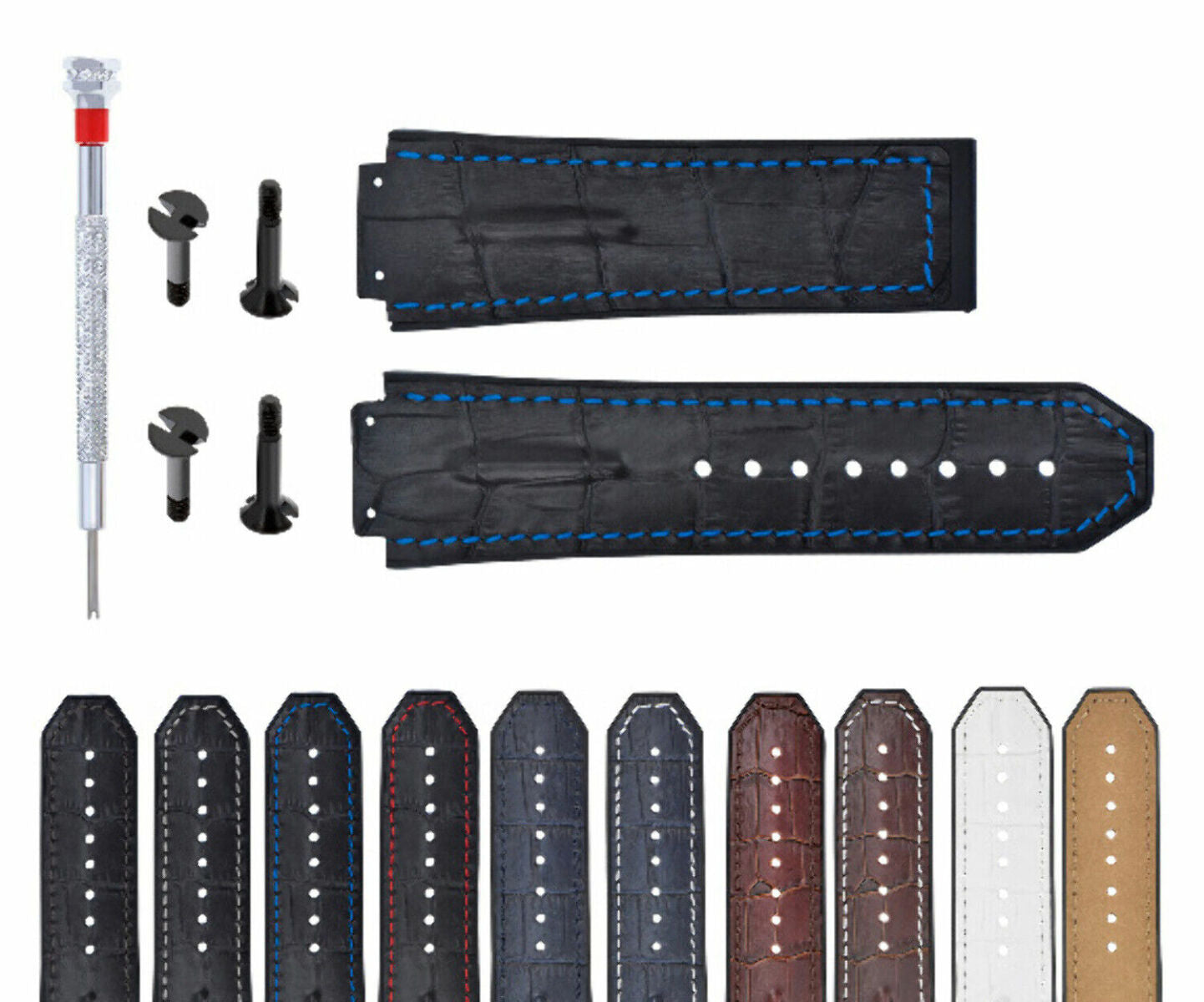 25MM-28MM LEATHER WATCH RUBBER BAND STRAP WITH 4 BLACK SCREWS DRIVER FOR HUBLOT