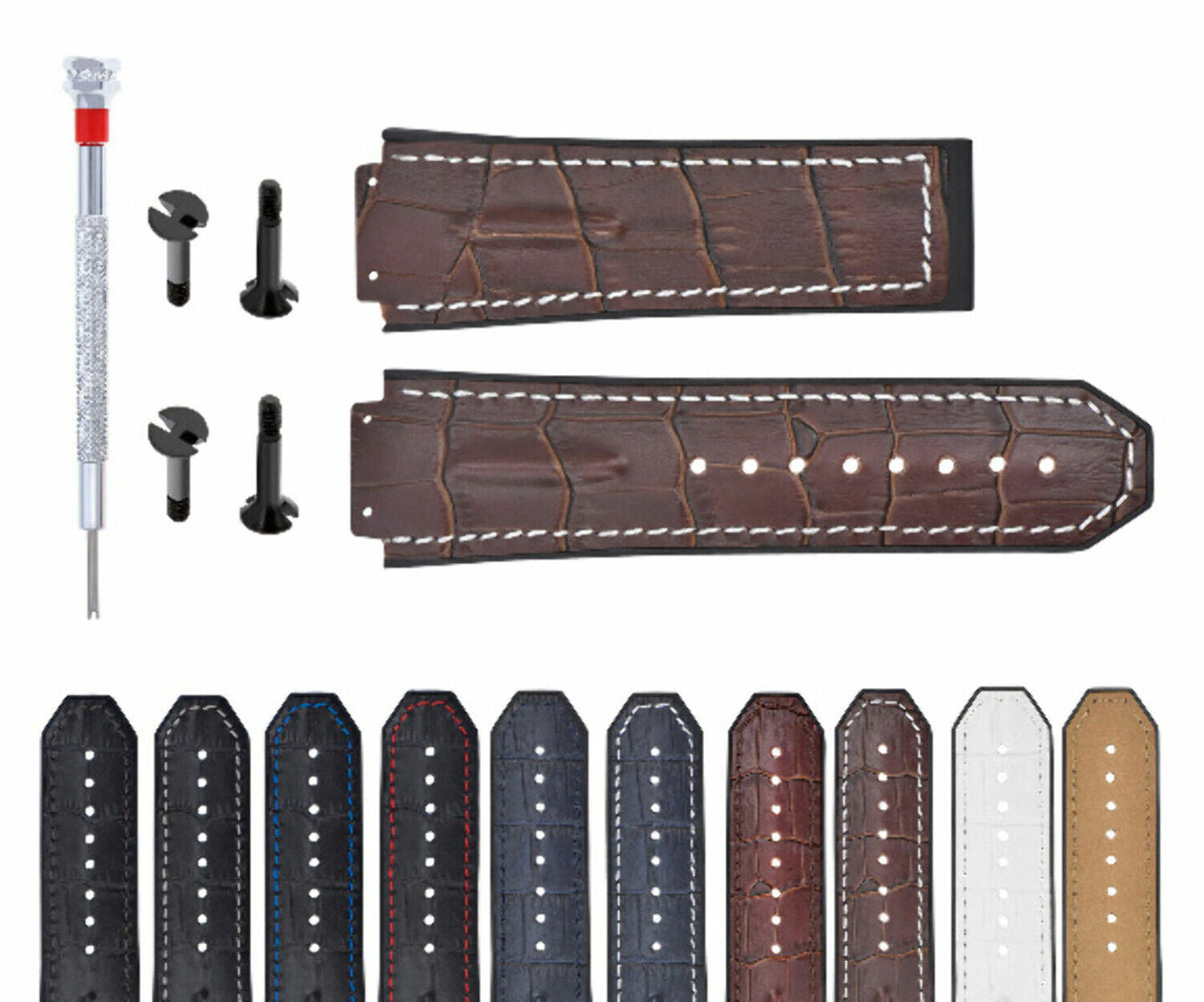 25MM-28MM LEATHER WATCH RUBBER BAND STRAP WITH 4 BLACK SCREWS DRIVER FOR HUBLOT