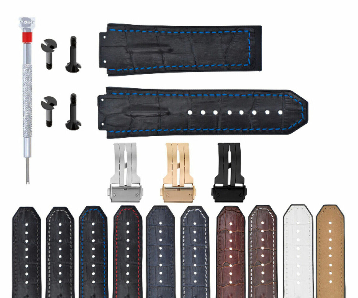 25MM 28MM LEATHER RUBBER STRAP FOR 44-45-48MM HUBLOT BIG BANG KING SCREW COMPLET, Black with Blue Stitching