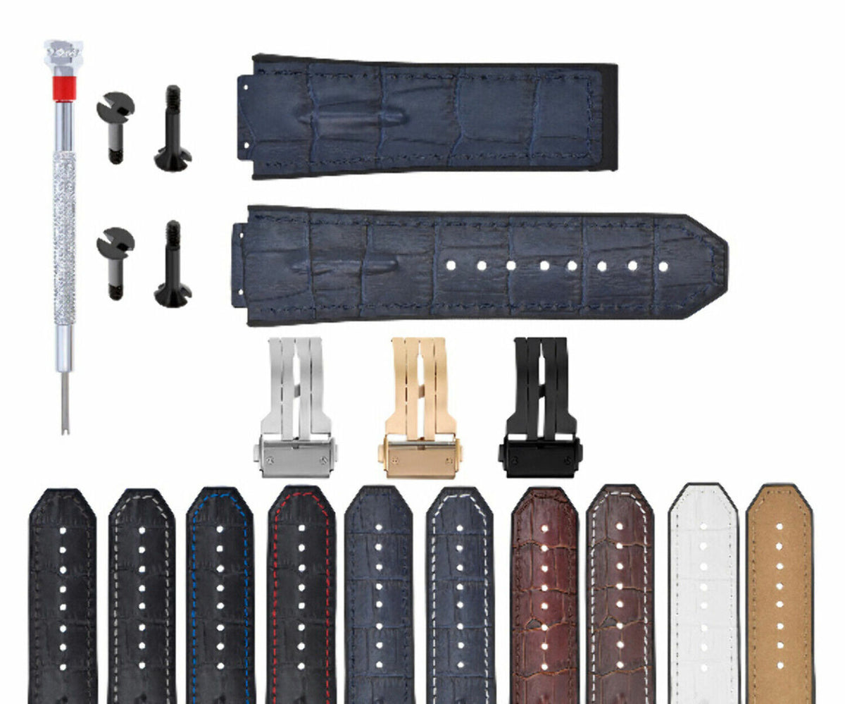 25MM 28MM LEATHER RUBBER STRAP FOR 44-45-48MM HUBLOT BIG BANG KING SCREW COMPLET, Blue