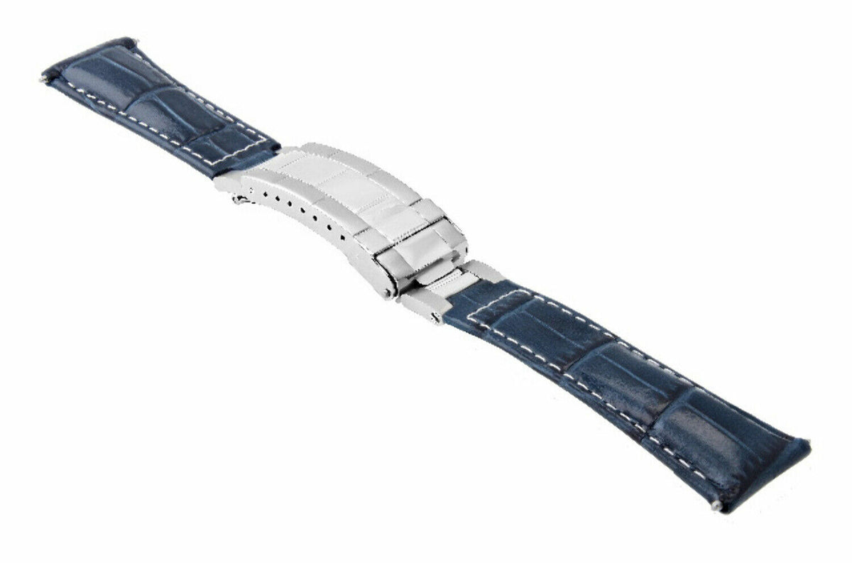 20MM LEATHER WATCH BAND STRAP FOR ROLEX DATEJUST SUBMARINER GMT EXPLORER, Blue White Stitching (Regular), view 3