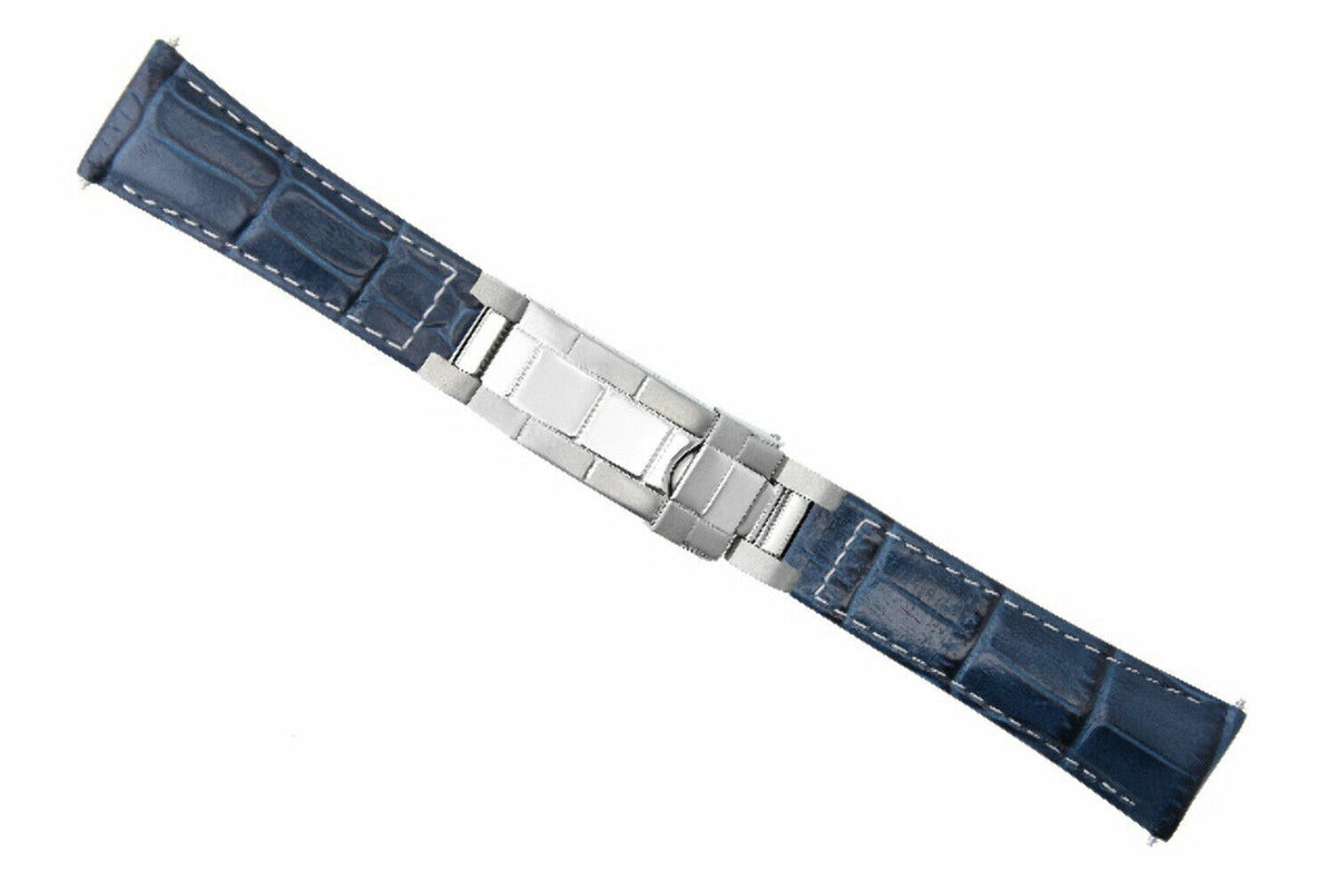 20MM LEATHER WATCH BAND STRAP FOR ROLEX DATEJUST SUBMARINER GMT EXPLORER, Blue White Stitching (Regular)