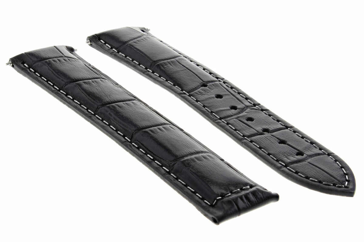 18MM 19MM 20MM 22MM 24MM REPLACEMENT LEATHER STRAP FOR UNIVERSAL WATCH BAND - Silver - Polished, Black with White Stitching, front view
