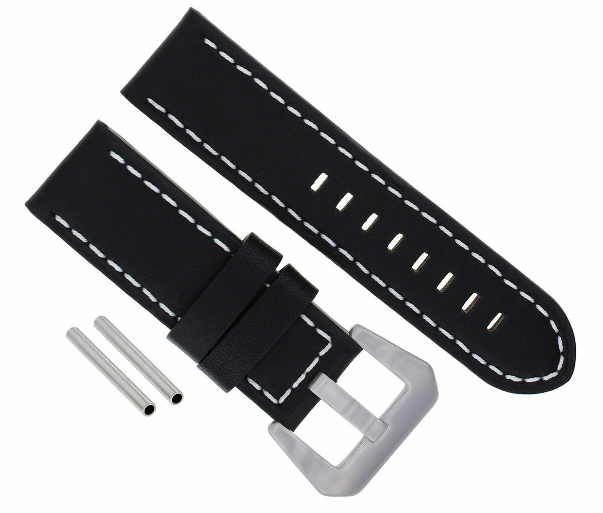 20MM 22MM 24MM REPLACEMENT ITALIAN LEATHER STRAP FOR UNIVERSAL WATCH BAND, Black with White Stitching, view 2
