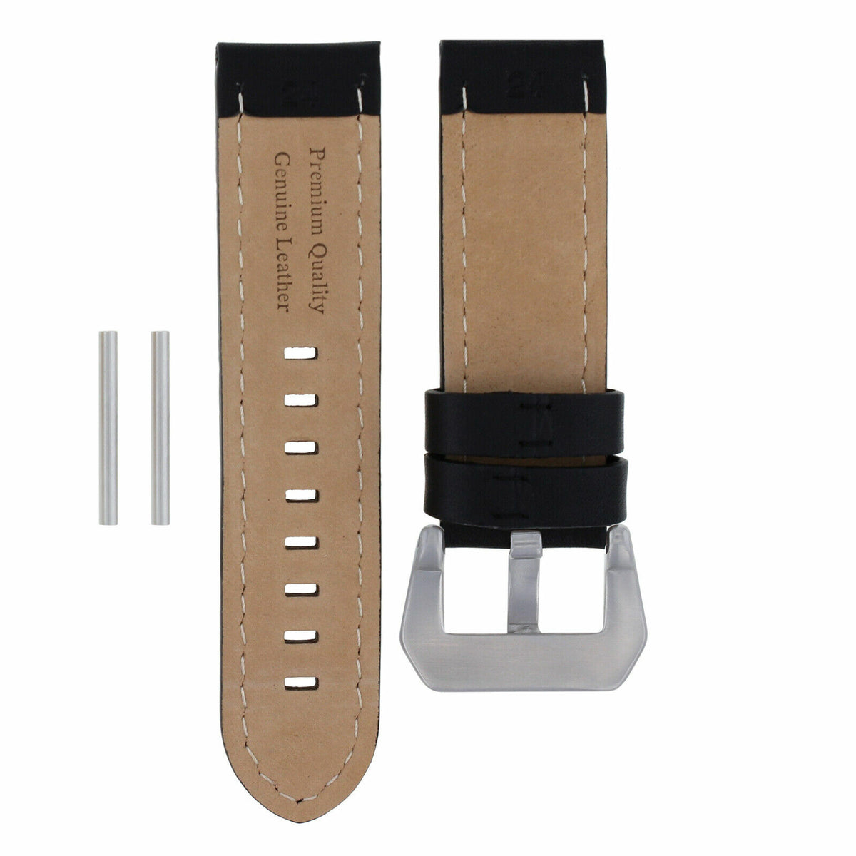 20MM 22MM 24MM REPLACEMENT ITALIAN LEATHER STRAP FOR UNIVERSAL WATCH BAND, Black with White Stitching, front view