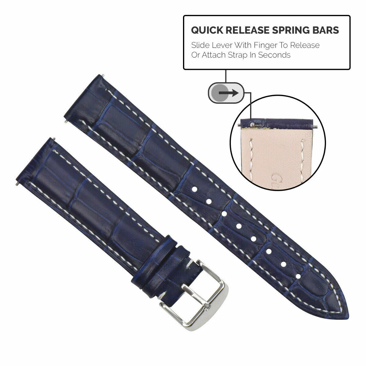 16-18-19-20-22-24MM LEATHER WATCH BAND STRAP-QUICK RELEASE FOR CITIZEN ECO DRIVE, Blue with White Stitching, view 2