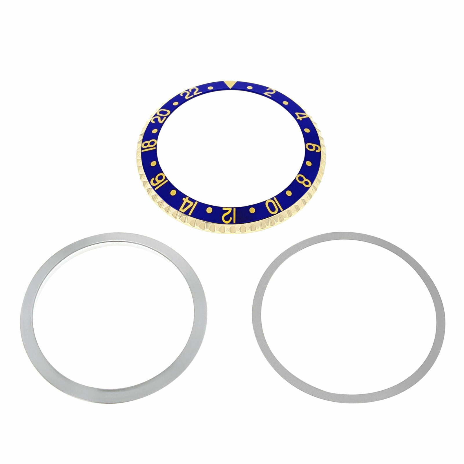 BEZEL & INSERT & RETAINING ALUMINUM FOR ROLEX GMT I 1670 1675 16750 16753 16758 BLUE GOLD FONT 18KY