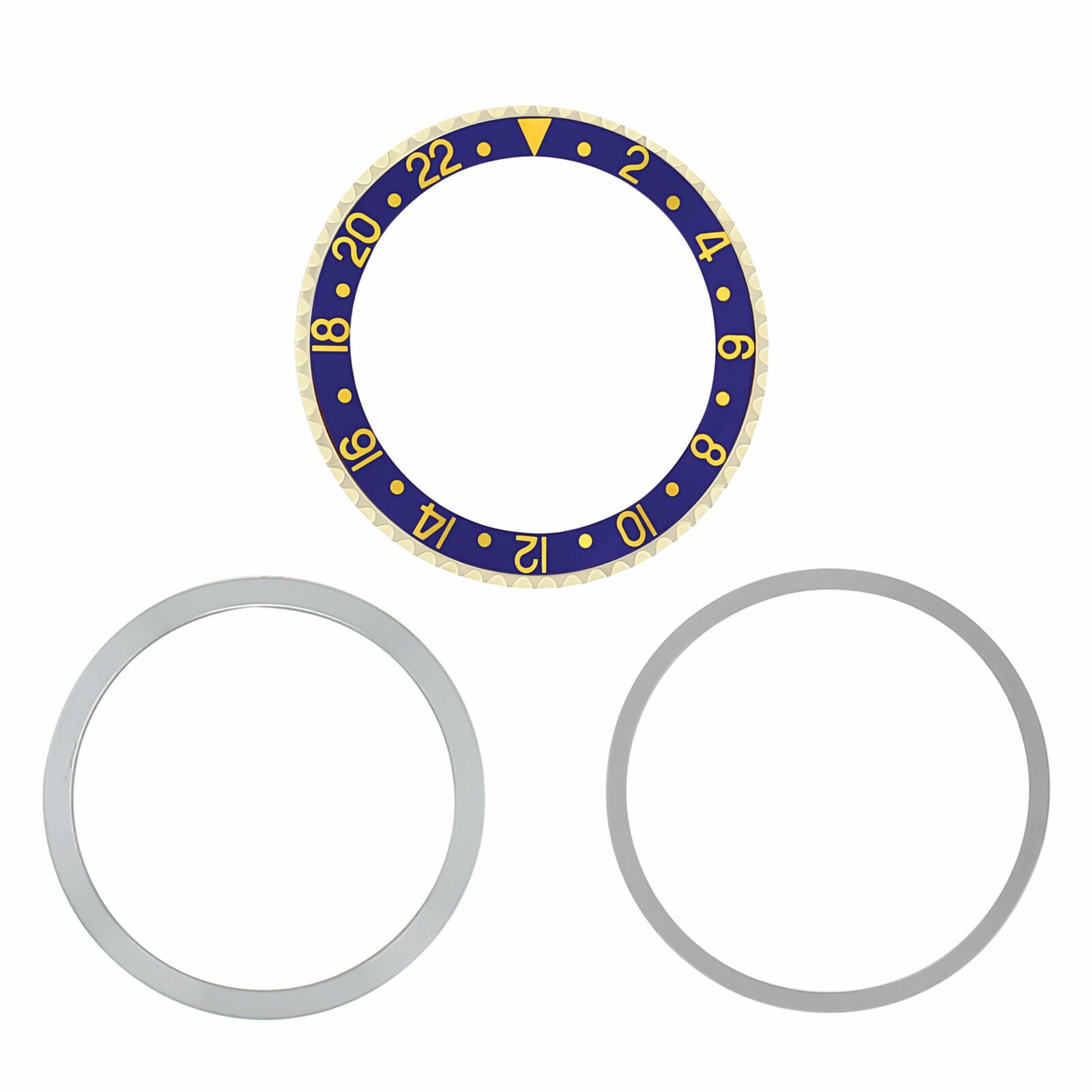 BEZEL & INSERT & RETAINING ALUMINUM FOR ROLEX GMT I 1670 1675 16750 16753 16758 BLUE GOLD FONT 18KY