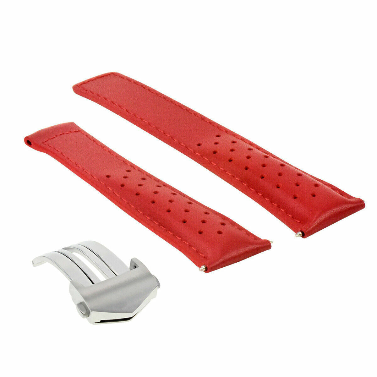 LEATHER BAND STRAP 22MM FOR TAG HEUER GRAND CARRERA CALIBRE 6, 12, 36 CLASP RED