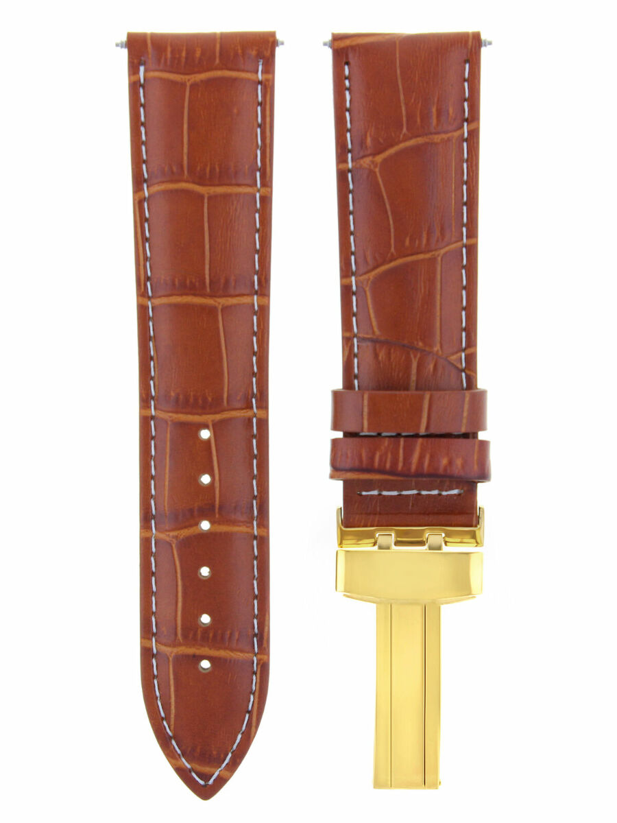 LEATHER WATCH BAND STRAP DEPLOY CLASP FOR BULOVA GOLD 20MM
