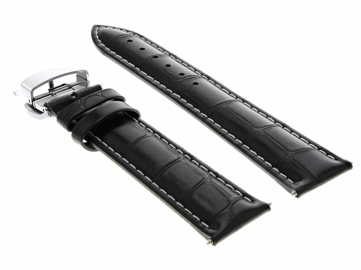17-24MM REPLACEMENT LEATHER WATCH BAND STRAP WITH CLASP FOR JAEGER LECOULTE, Black with White Stitching, view 4