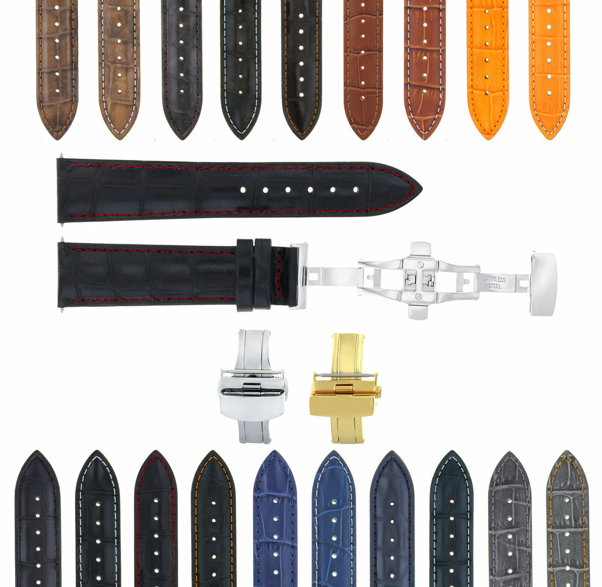 17-24MM REPLACEMENT LEATHER WATCH BAND STRAP WITH CLASP FOR JAEGER LECOULTE, Black with Red Stitching