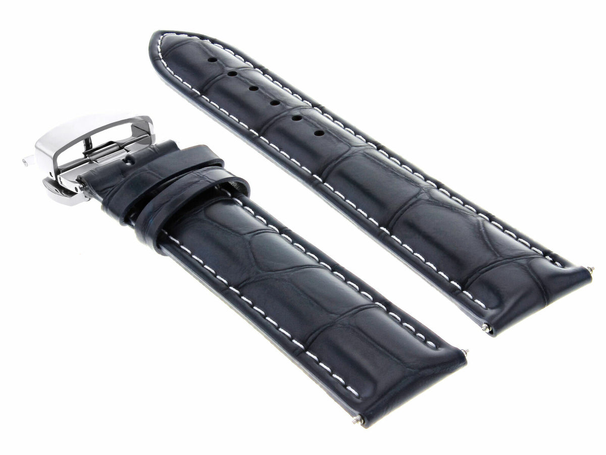 17-24MM REPLACEMENT LEATHER WATCH BAND STRAP WITH CLASP FOR JAEGER LECOULTE, Dark Blue with White Stitching, view 4