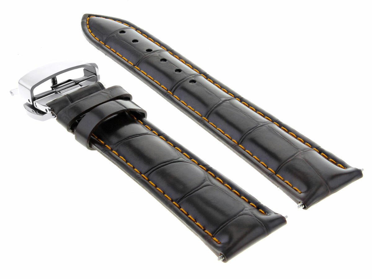 17-24MM REPLACEMENT LEATHER WATCH BAND STRAP WITH CLASP FOR JAEGER LECOULTE, Dark Brown Orange Stitching, front view