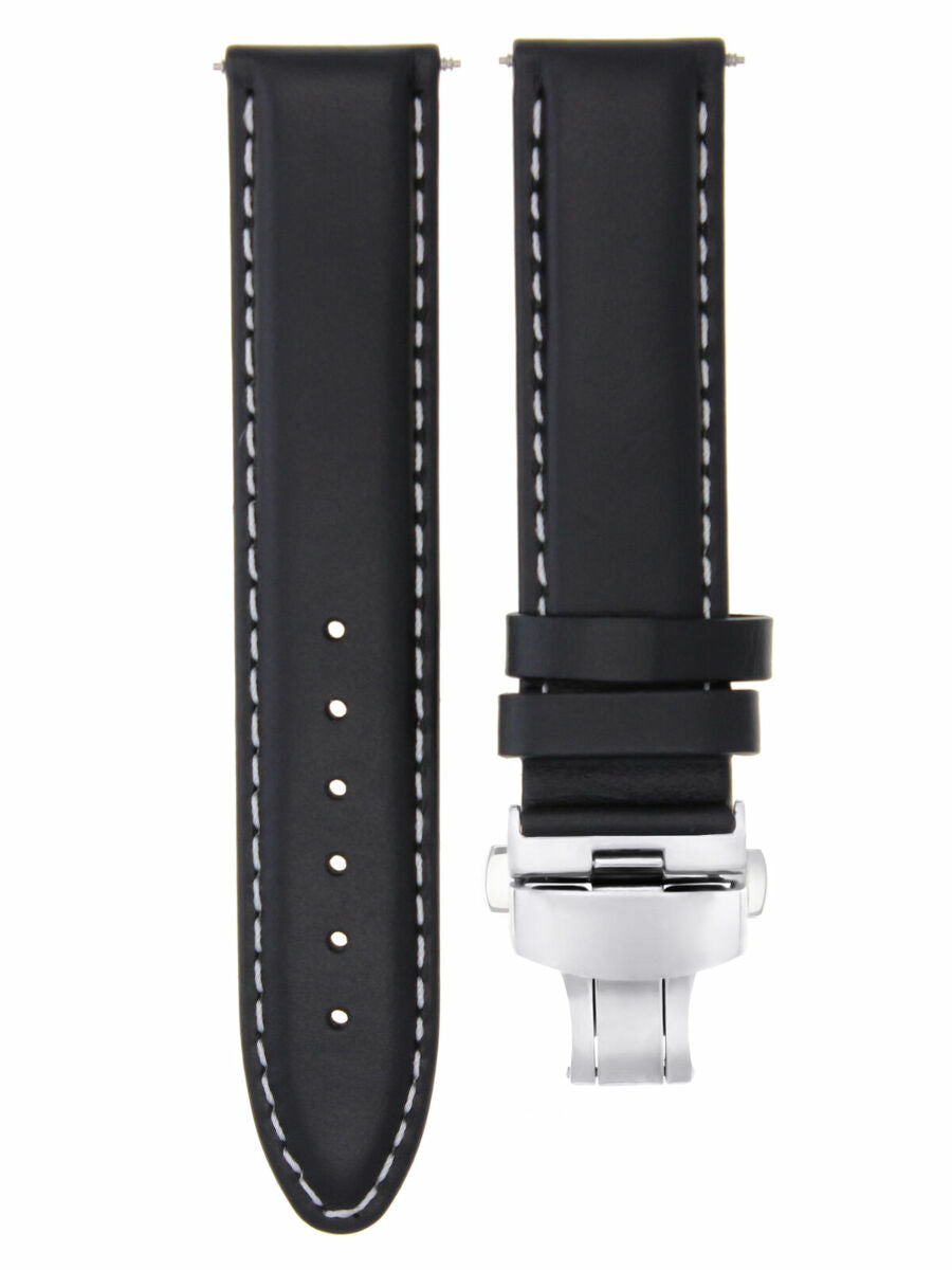 18MM-24MM CLASSIC MENS LEATHER WATCH BAND STRAP SMOOTH WITH CLASP FOR ANONIMO, Black with White Stitching, view 2