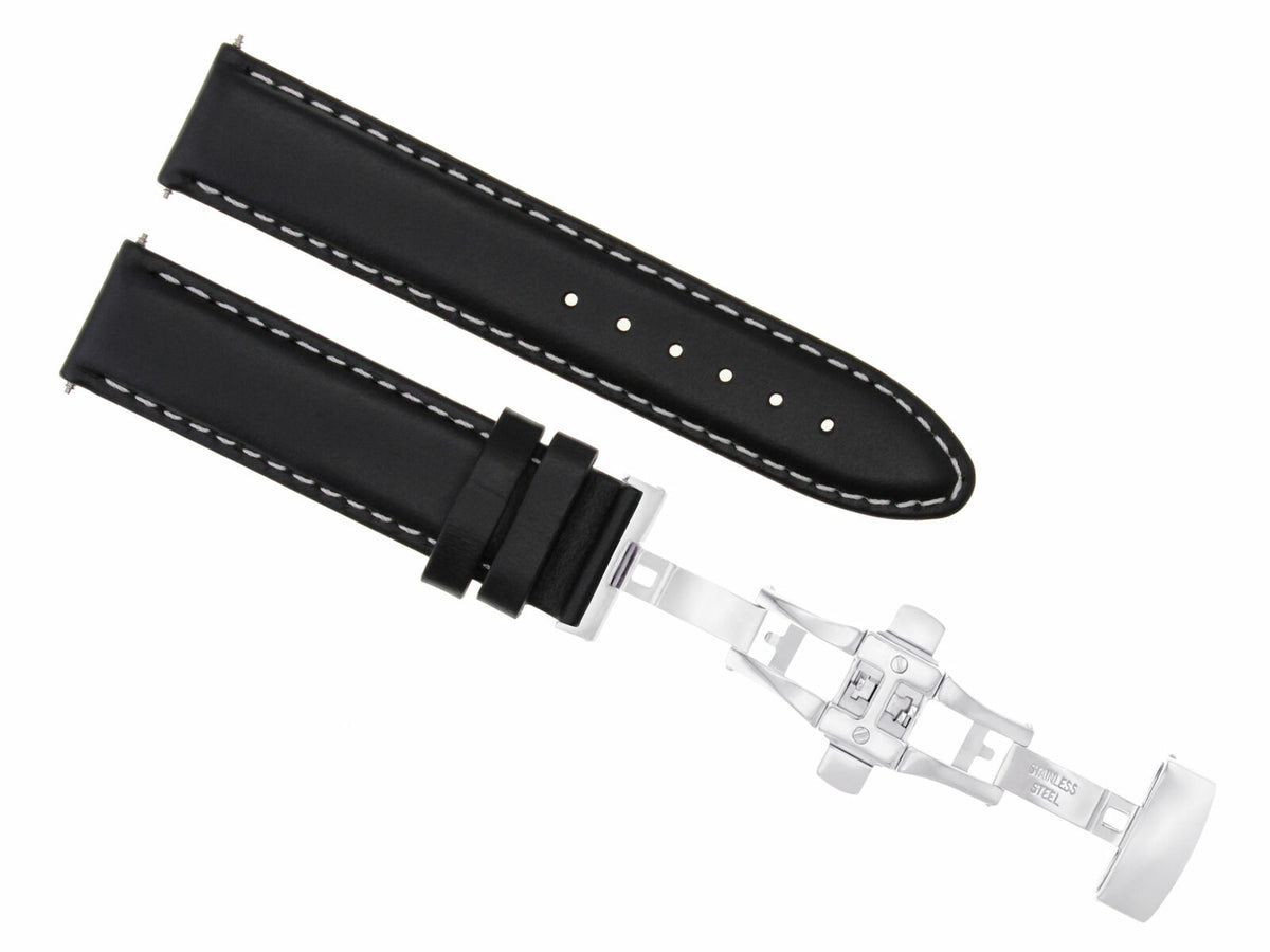 18MM-24MM CLASSIC MENS LEATHER WATCH BAND STRAP SMOOTH WITH CLASP FOR ANONIMO, Black with White Stitching, view 3