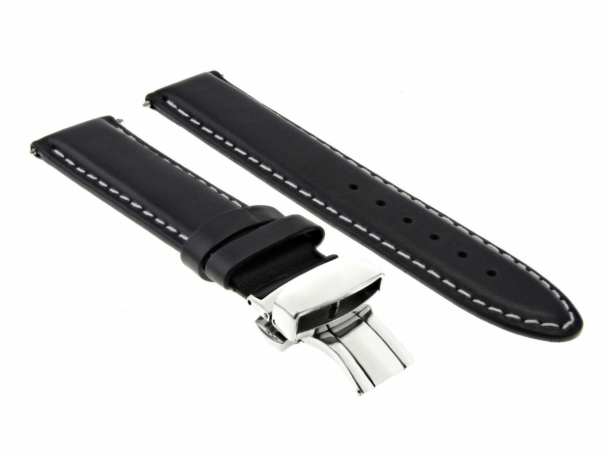 18MM-24MM CLASSIC MENS LEATHER WATCH BAND STRAP SMOOTH WITH CLASP FOR ANONIMO, Black with White Stitching, front view