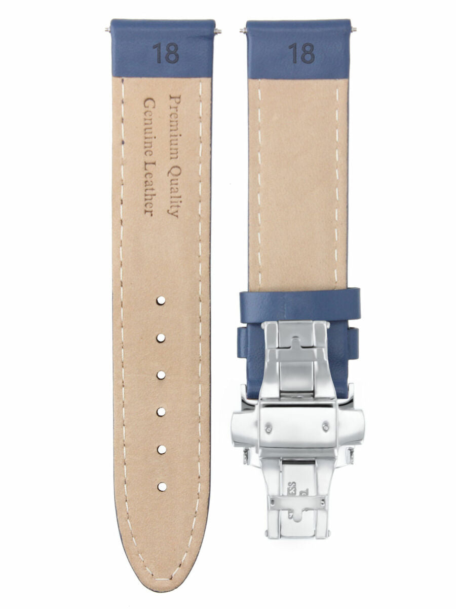 18MM-24MM CLASSIC MENS LEATHER WATCH BAND STRAP SMOOTH WITH CLASP FOR ANONIMO, Blue with Orange Stitching, front view