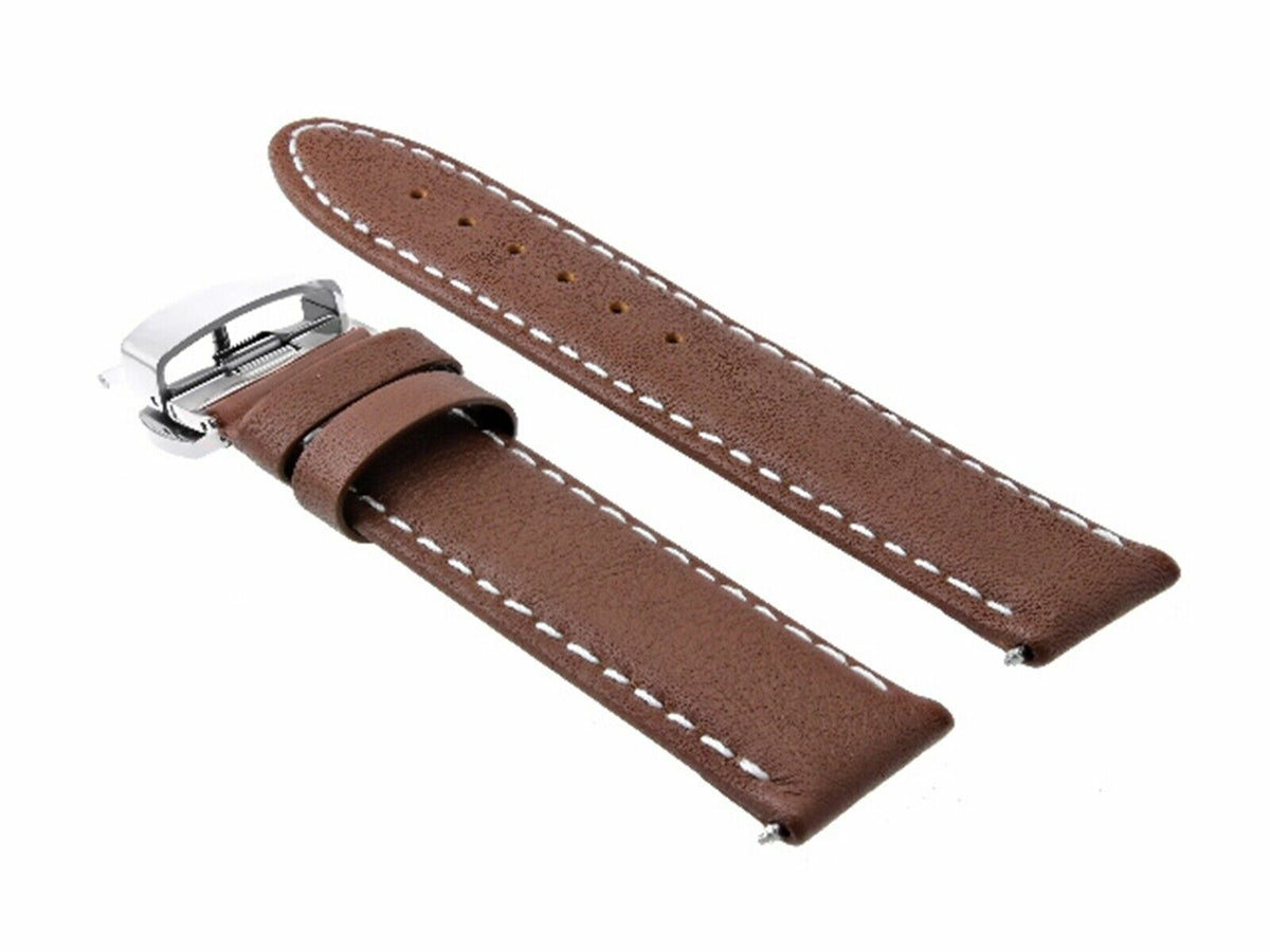 18MM-24MM CLASSIC MENS LEATHER WATCH BAND STRAP SMOOTH WITH CLASP FOR ANONIMO, Light Brown White Stitching, view 4