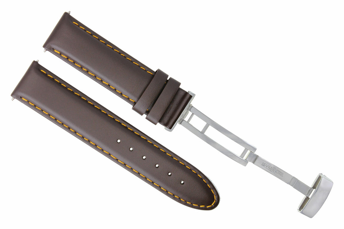 18MM-24MM CLASSIC MENS LEATHER WATCH BAND STRAP SMOOTH WITH CLASP FOR ANONIMO, Dark Brown Orange Stitching, view 3