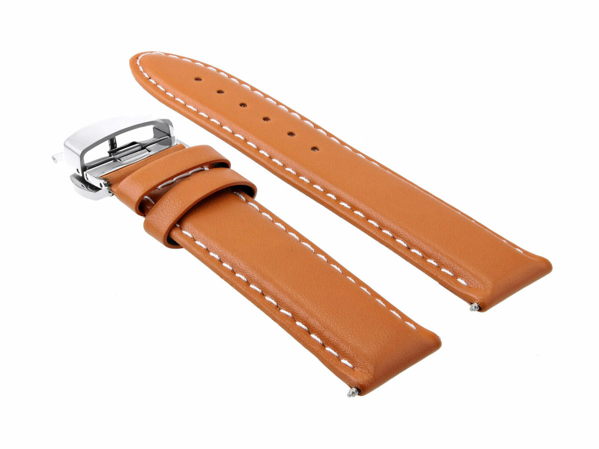 18MM-24MM CLASSIC MENS LEATHER WATCH BAND STRAP SMOOTH WITH CLASP FOR ANONIMO, Orange with White Stitching, view 4