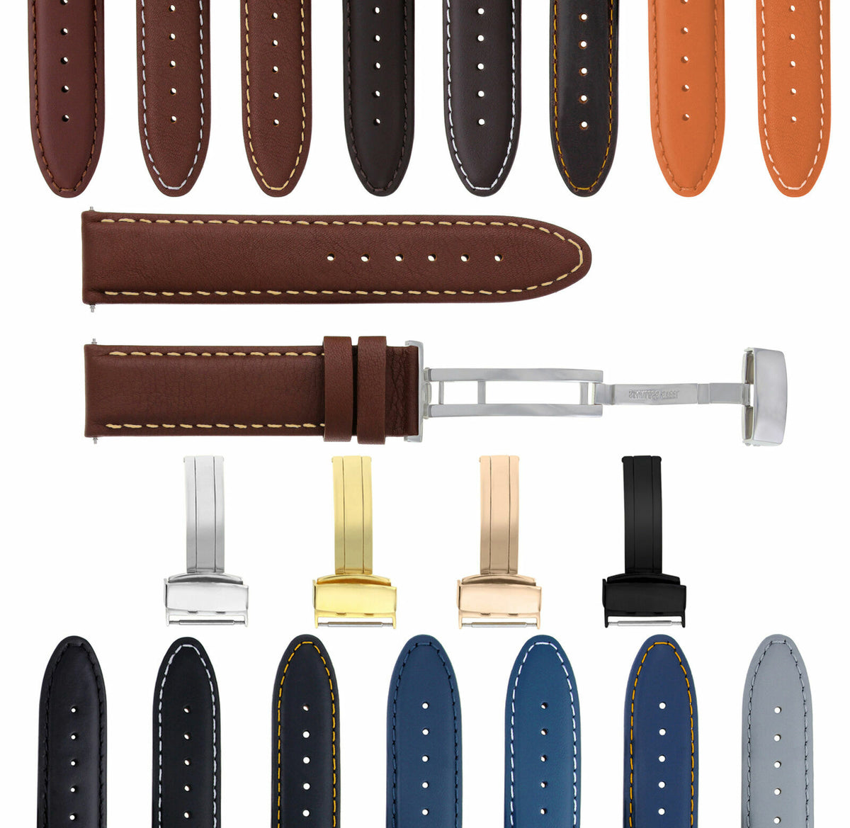 18MM 19MM 20MM 22MM 24MM LEATHER WATCH BAND STRAP WITH CLASP FOR BREITLING, Light Brown Orange Stitching