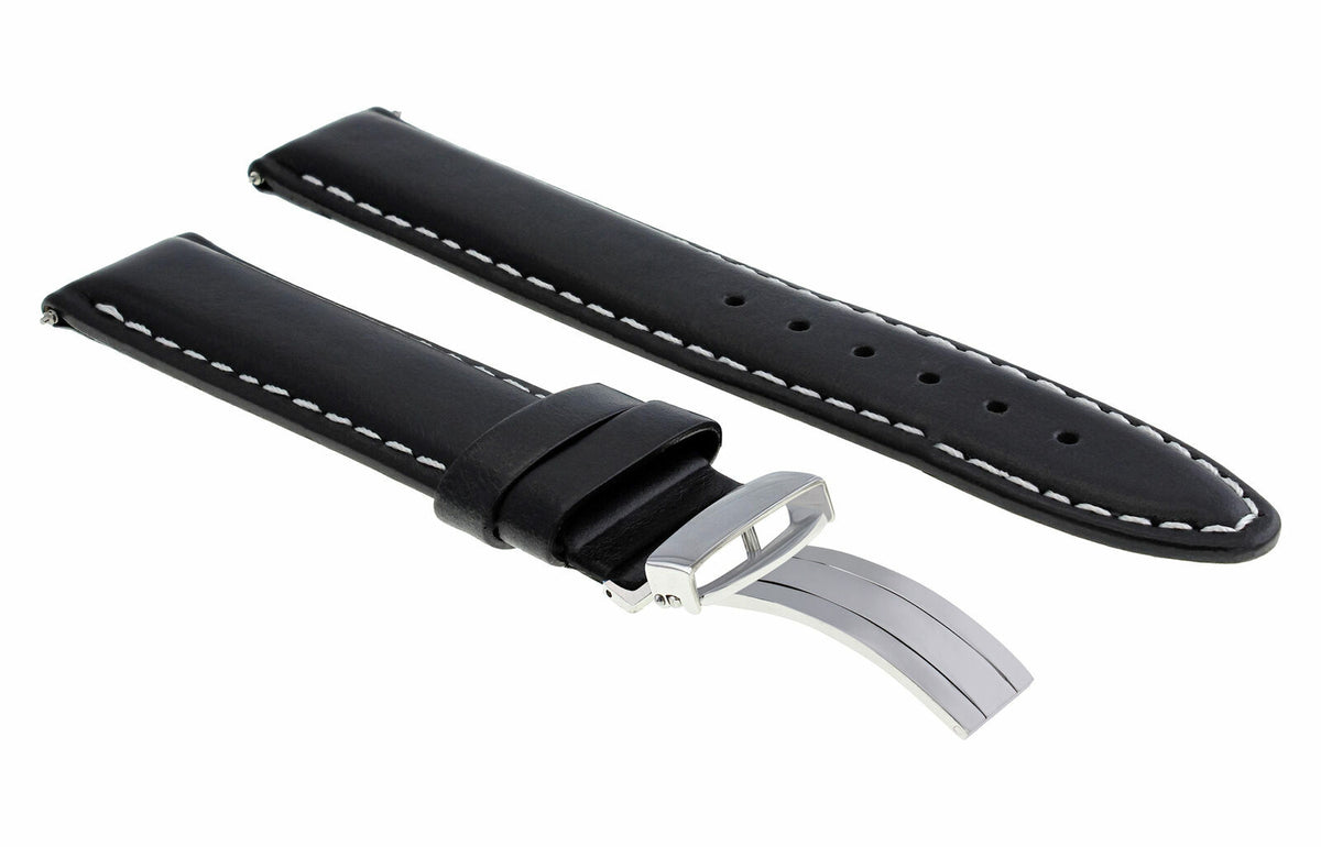 18MM 19MM 20MM 22MM 24MM LEATHER WATCH BAND STRAP SMOOTH WITH CLASP FOR LONGINES, Black with White Stitching, view 4