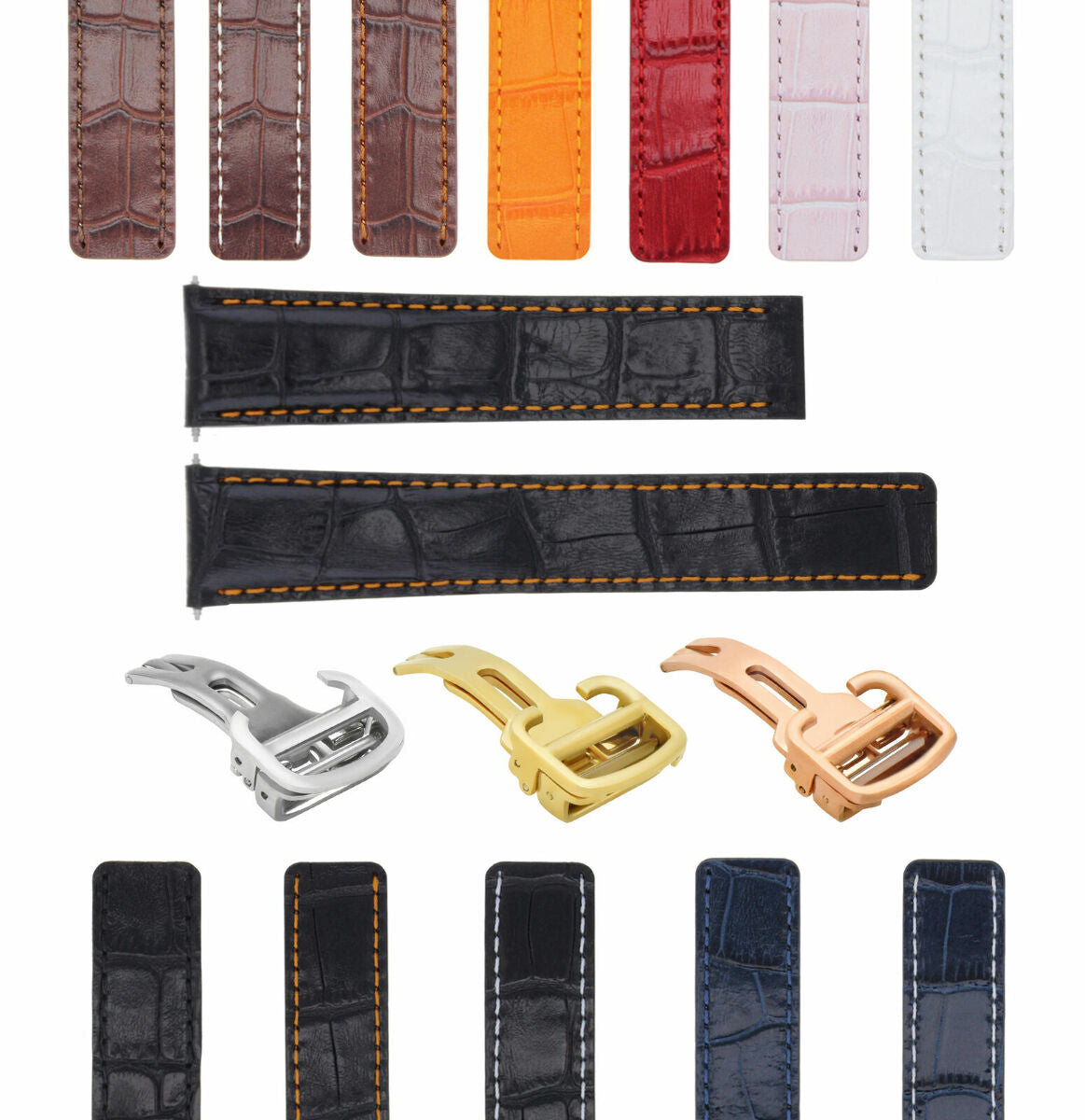 18-20MM LEATHER WATCH BAND STRAP FOR CARTIER TANK SOLO FRANCAISE DEPLOYMEN CLASP, Black with Orange Stitching