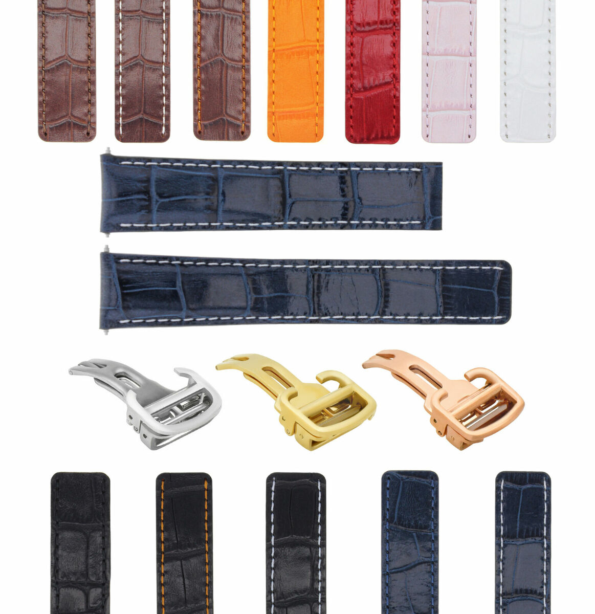 18-20MM LEATHER WATCH BAND STRAP FOR CARTIER TANK SOLO FRANCAISE DEPLOYMEN CLASP, Blue with White Stitching