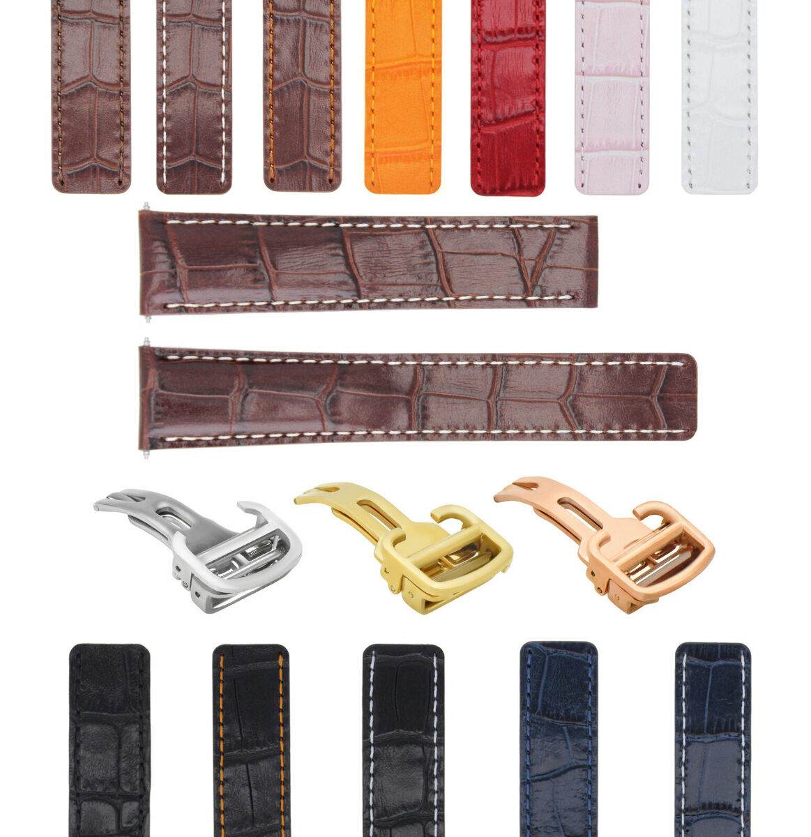 18-20MM LEATHER WATCH BAND STRAP FOR CARTIER TANK SOLO FRANCAISE DEPLOYMEN CLASP, Brown with White Stitching