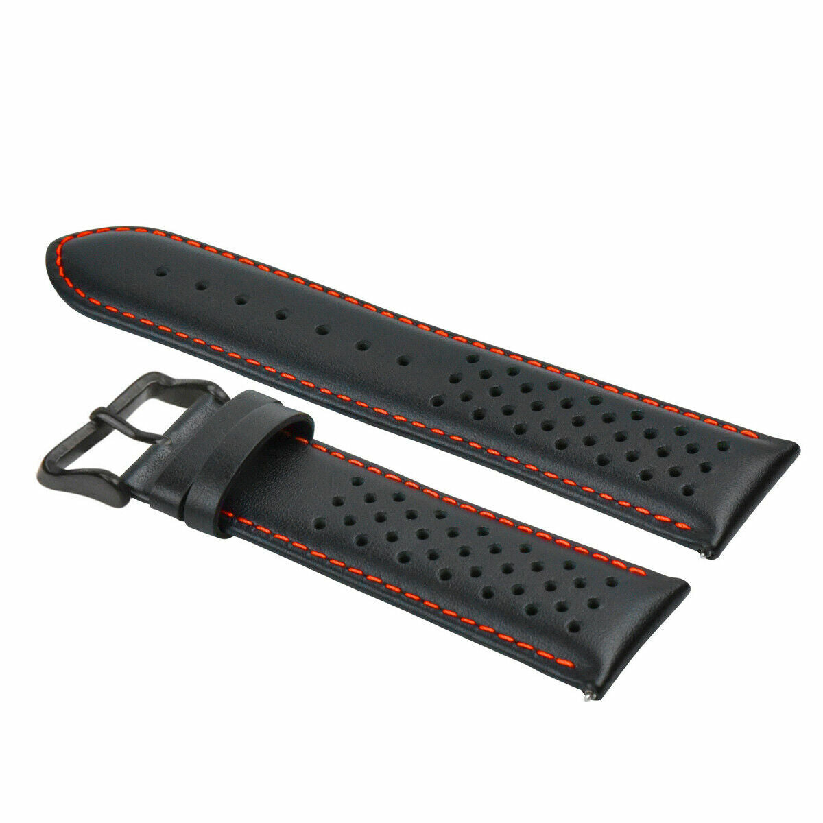 PERFORATED LEATHER RALLY WATCH STRAP BAND - QUICK RELEASE 18-19-20-21-22-23-24MM, Black with Orange Stitching, view 3