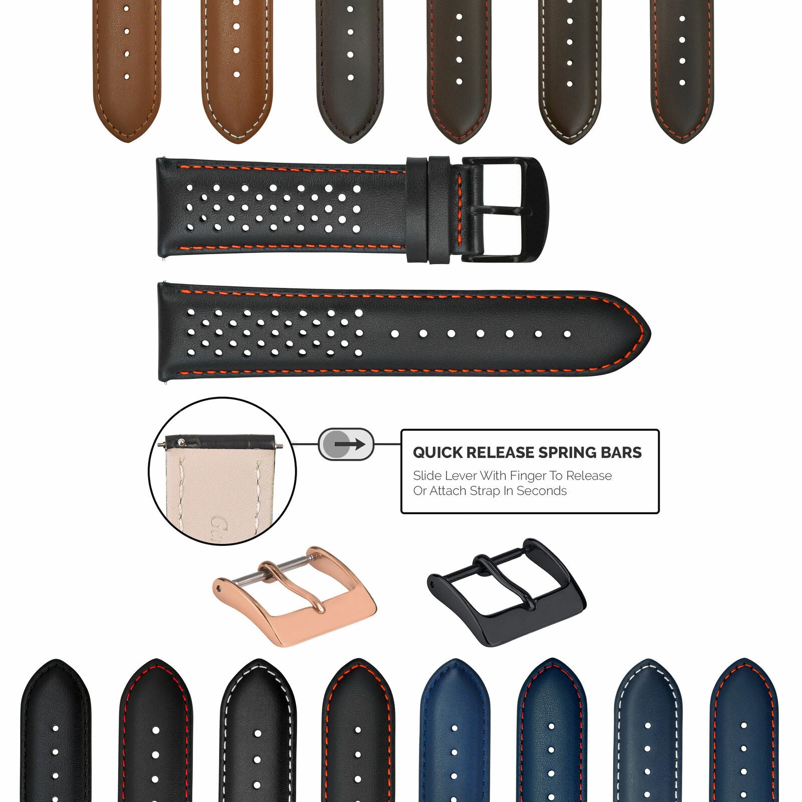 PERFORATED LEATHER RALLY WATCH STRAP BAND - QUICK RELEASE - 20MM