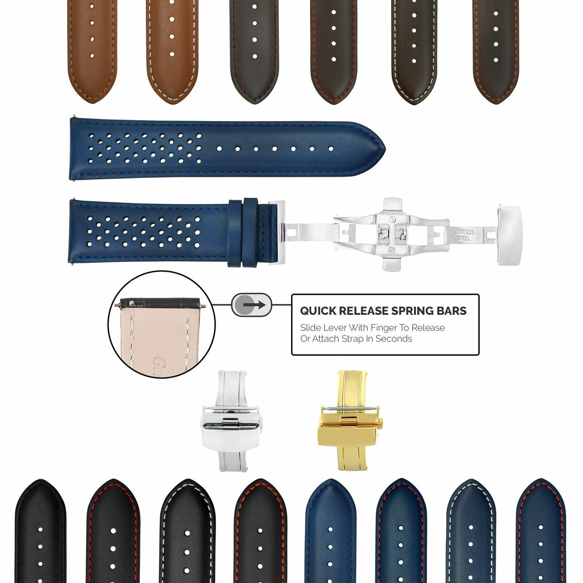 18MM-24MM PERFORATED LEATHER WATCH BAND STRAP EASY RELEASE BUCKLE FOR TUDOR