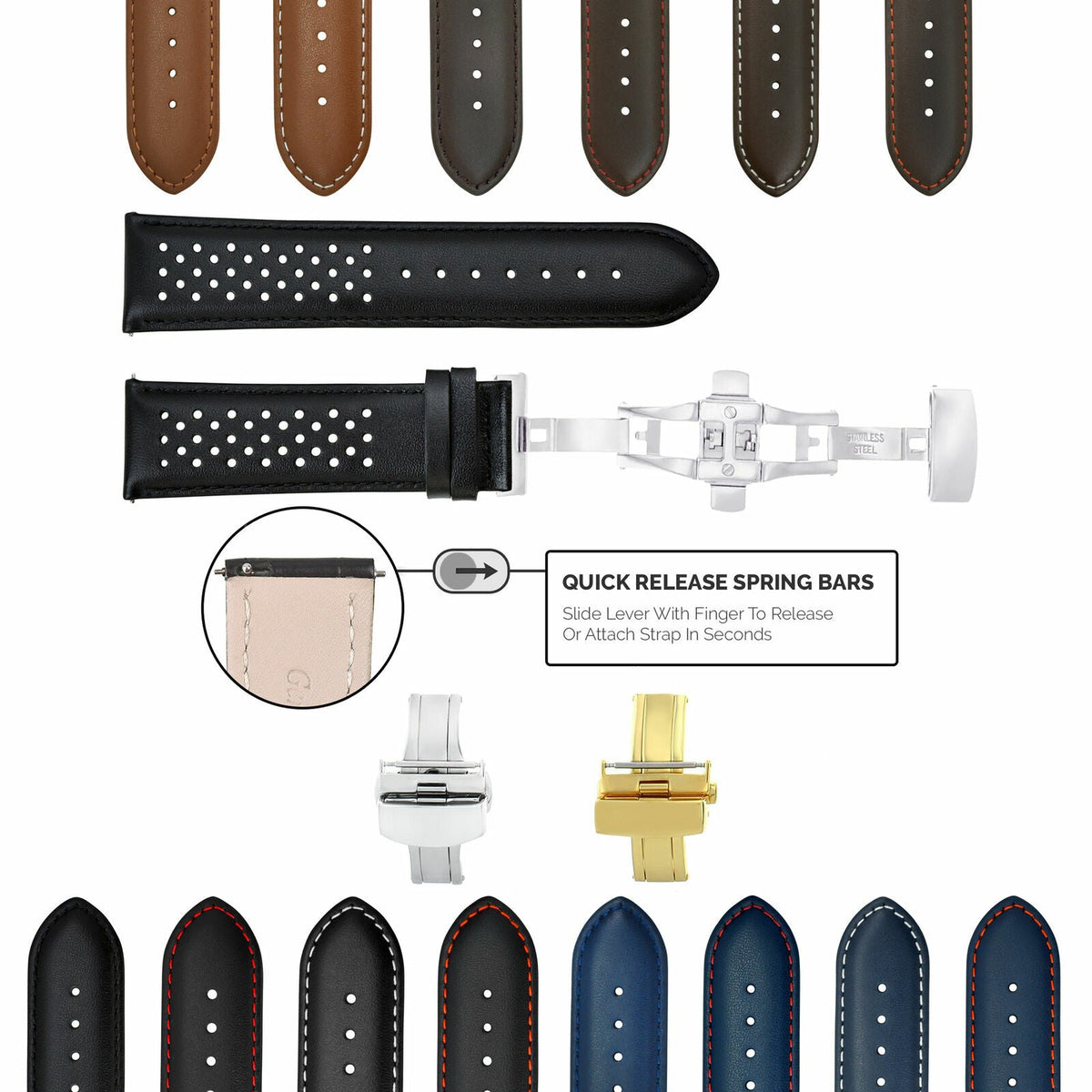 18MM-24MM PERFORATED LEATHER WATCH BAND STRAP EASY RELEASE BUCKLE FOR TUDOR