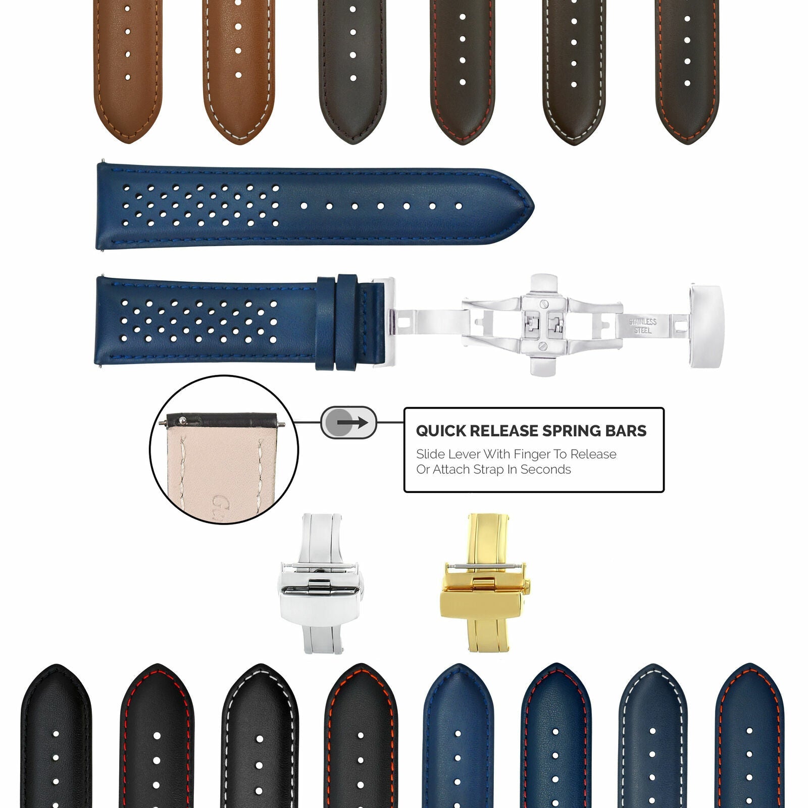 18MM-24MM PERFORATED LEATHER WATCH BAND STRAP EASY RELEASE BUCKLE FOR TUDOR