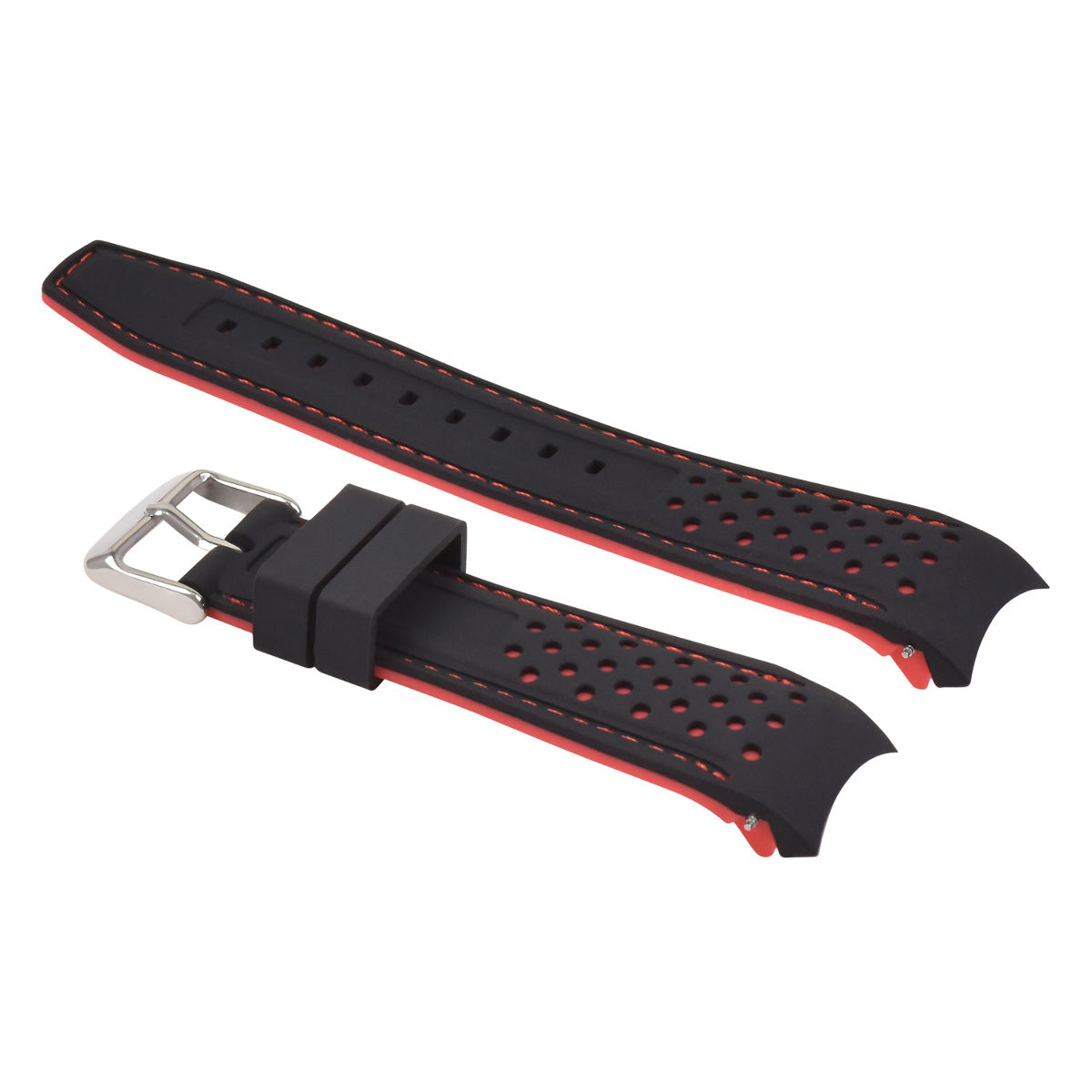 19MM CURVED RUBBER STRAP PERFORATED FOR CITIZEN ECO DRIVE WATCH BLACK RED STITCH