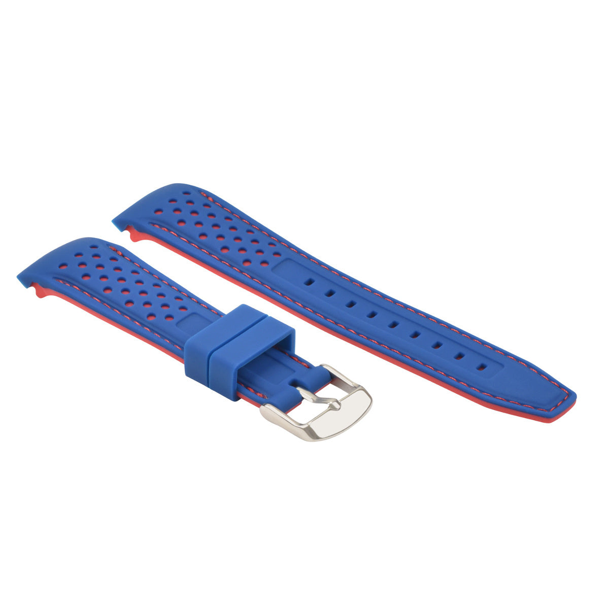 18MM CURVED RUBBER STRAP PERFORATED FOR CITIZEN ECO DRIVE WATCH BLUE RED STITCH