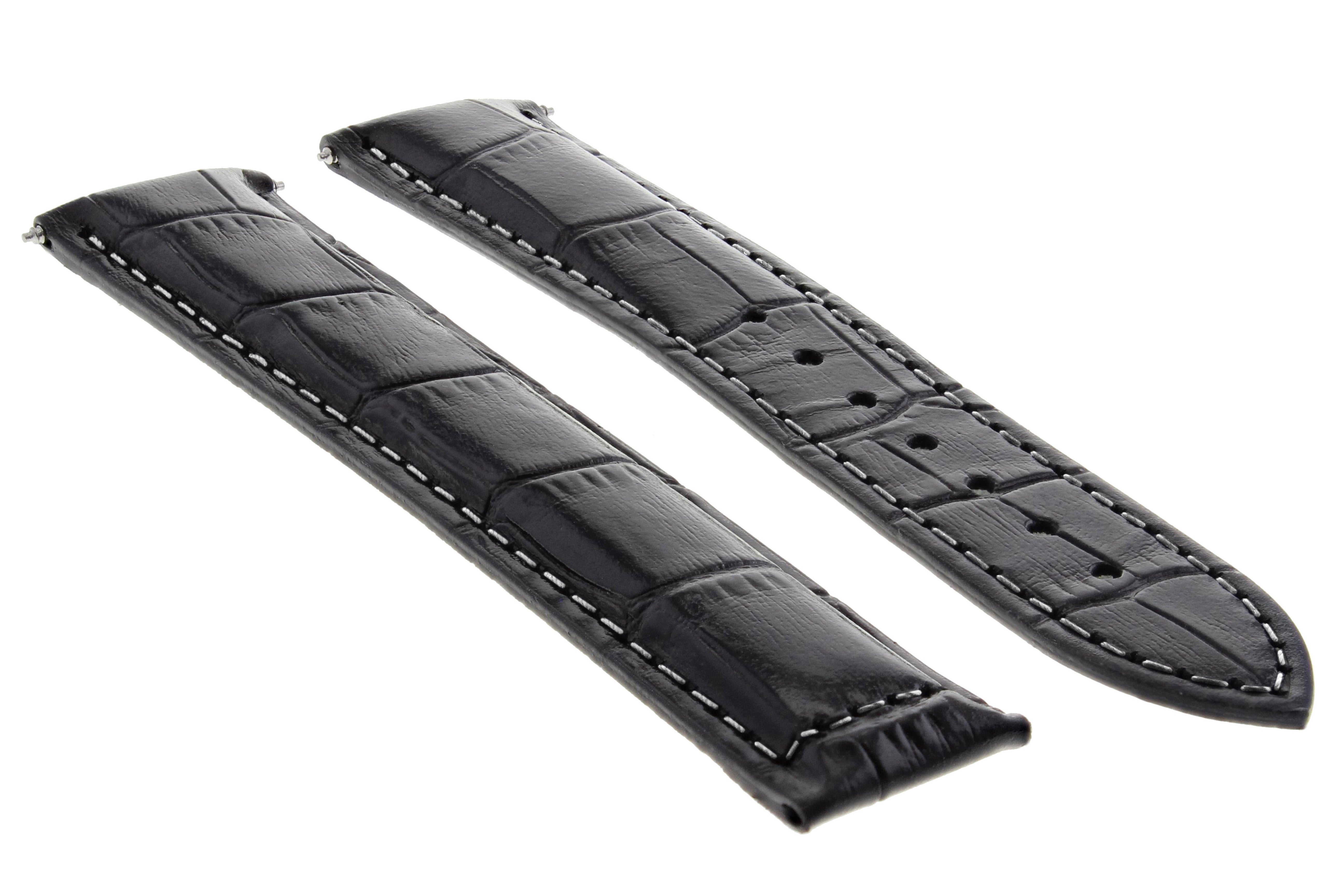 24/20MM BLACK LEATHER WATCH BAND STRAP FOR OMEGA WATCH WITH WHITE STITCHING