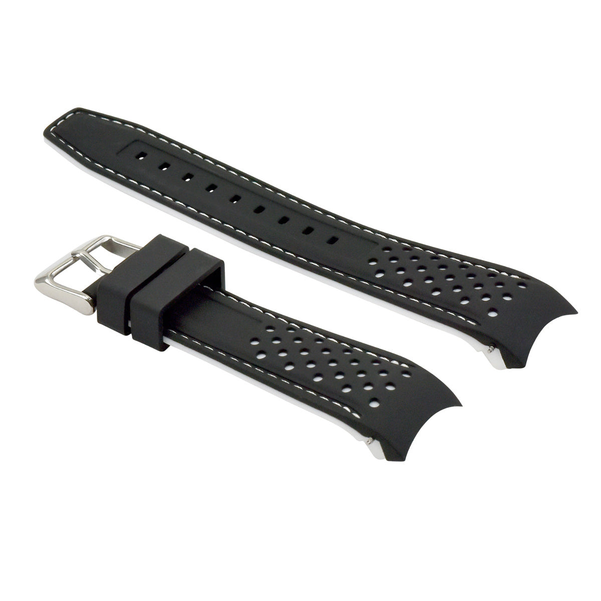 21MM CURVED RUBBER STRAP PERFORATED FOR CITIZEN ECO DRIVE WATCH BLACK WHITE STITCH