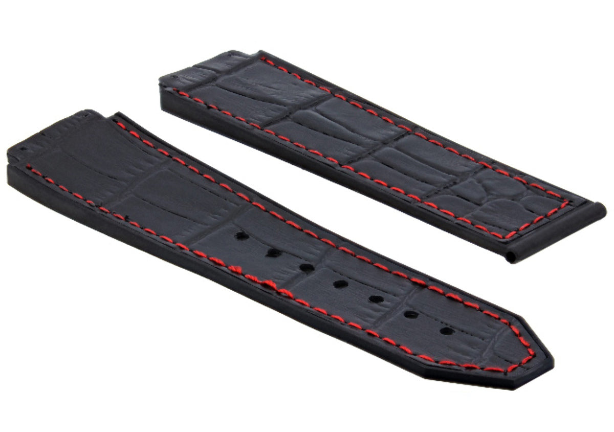 26MM LEATHER RUBBER WATCH BAND STRAP FOR HUBLOT WATCH BLACK, BLUE, BROWN, ROYAL, Black with Red Stitching, view 2