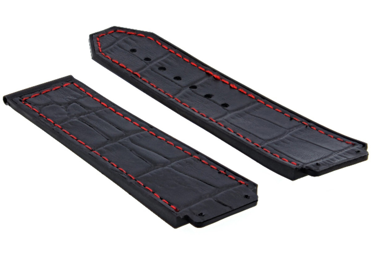 26MM LEATHER RUBBER WATCH BAND STRAP FOR HUBLOT WATCH BLACK, BLUE, BROWN, ROYAL, Black with Red Stitching, view 3
